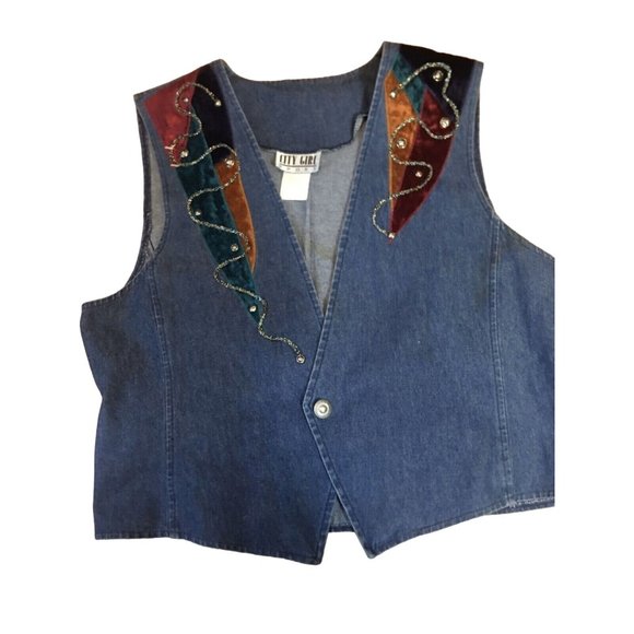 City Girl Sport Denim Jean Vest Top Women Size 16 Multi Color Inlay Cotton EUC - Picture 1 of 9